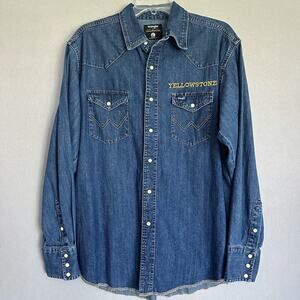 Mens Wrangler Yellowstone Denim Pearl Snap Long Sleeve Shirt Sz Large